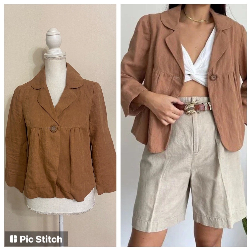 $128 ANTHROPOLOGIE Elevenses Linen All Season Tan Blazer Jacket Size 6